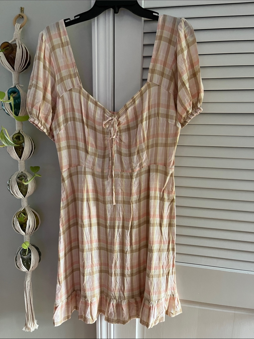 bp Pink and Cream Plaid Midi Dress with Tie Front
